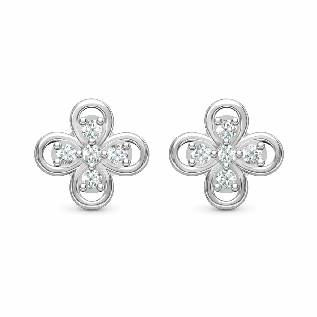 Bloomette floral diamond stud earrings in 925 sterling silver with four-petal flower design on white background