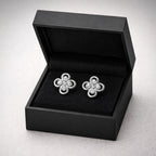 Floral diamond stud earrings displayed in luxury black jewelry box for gifting