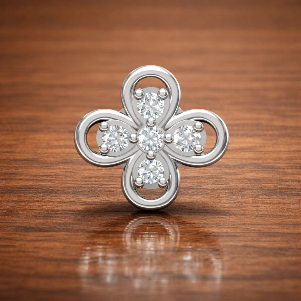 Angled view of floral diamond stud earrings crafted in 925 sterling silver showing polished finish and stone setting