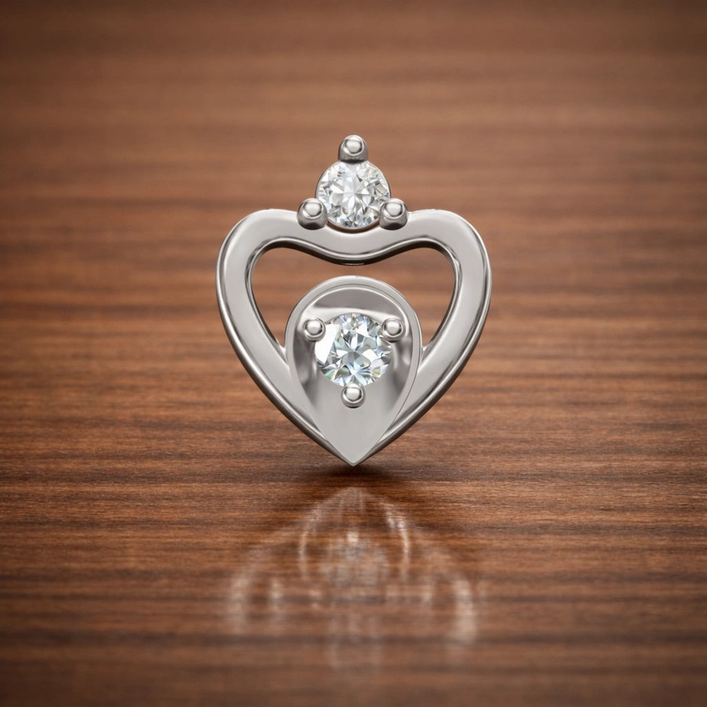 Heart shape diamond stud earring in white gold with open heart design on wooden background