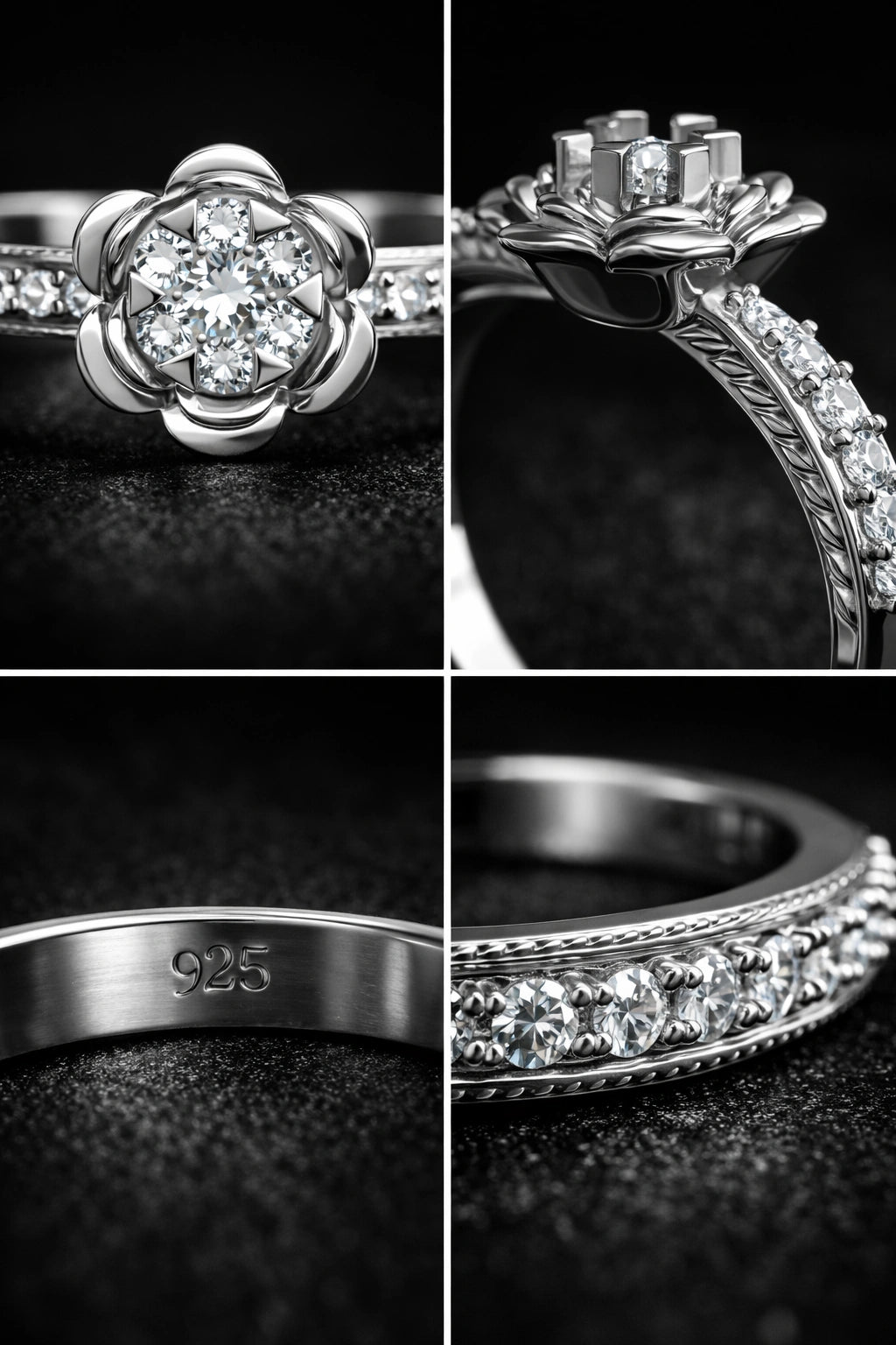 Collage of a silver ring with diamond accents on a dark background