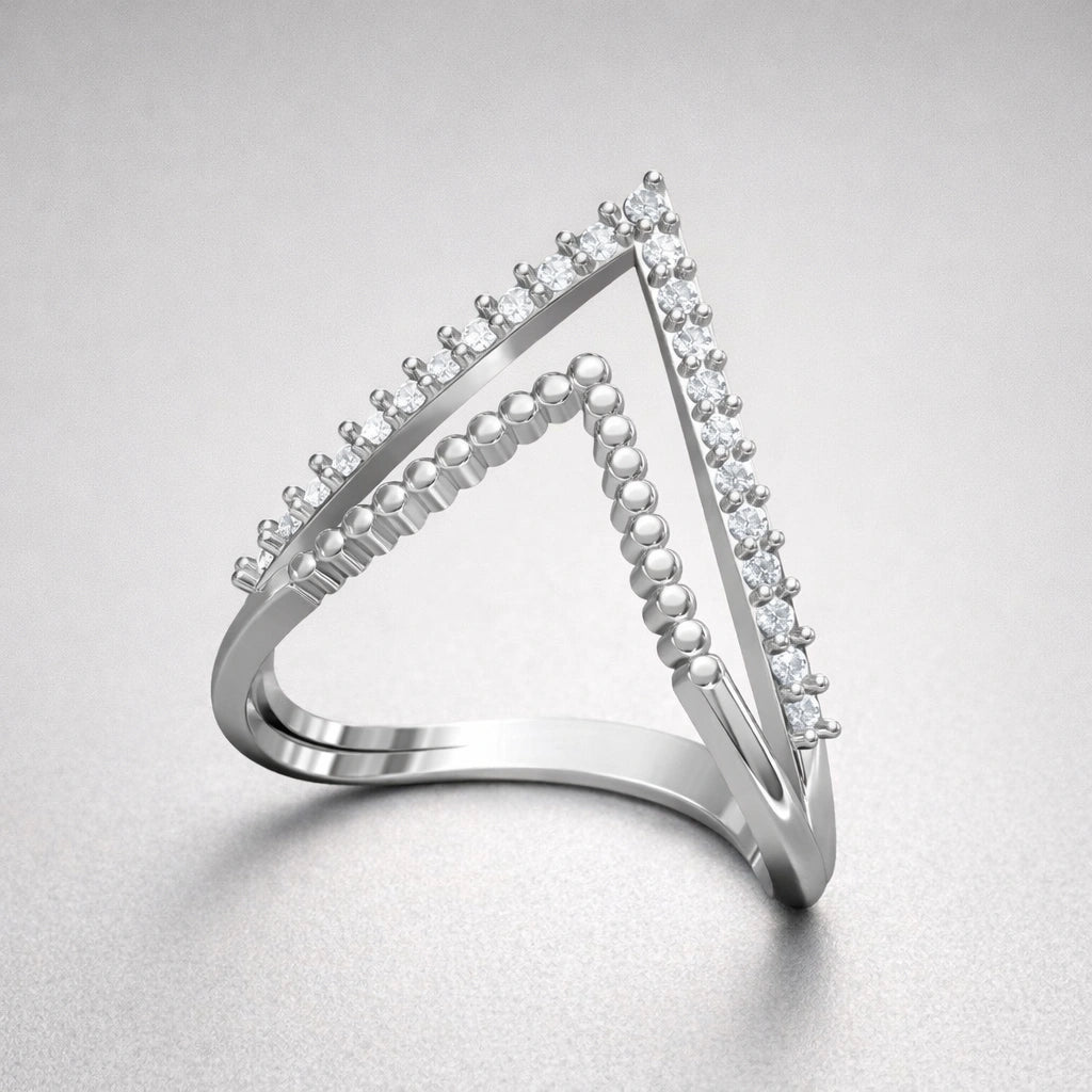 Triangular diamond ring on a light gray background