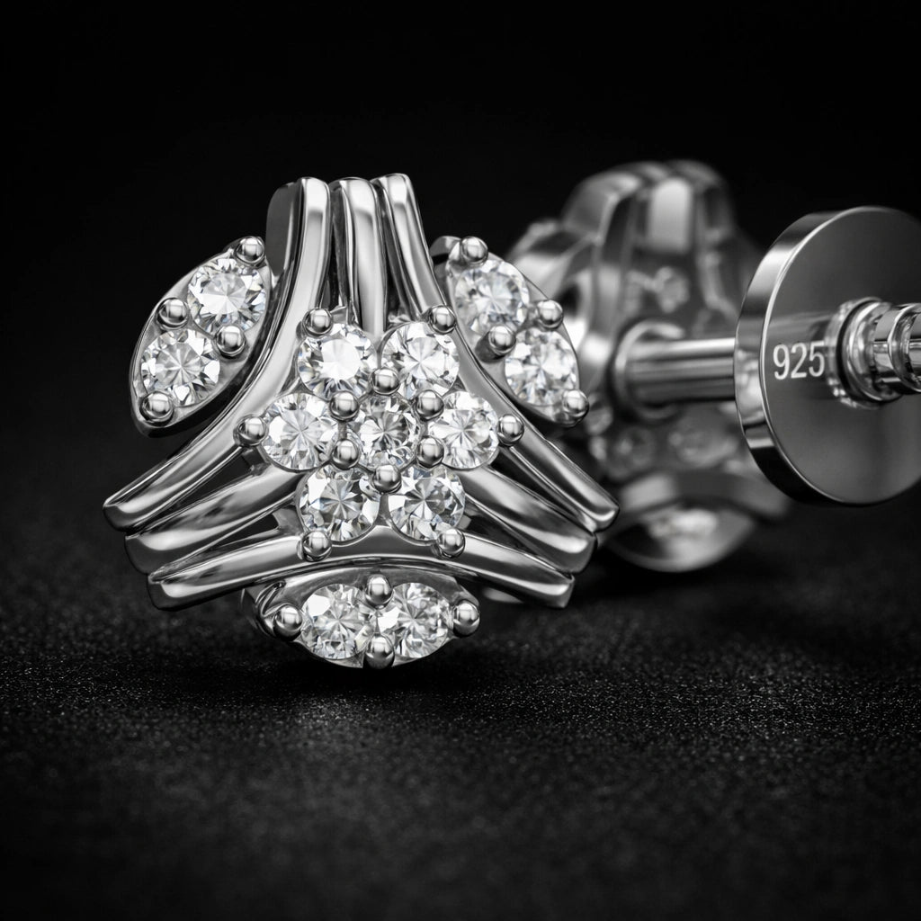 Silver ring with diamond accents on a dark background