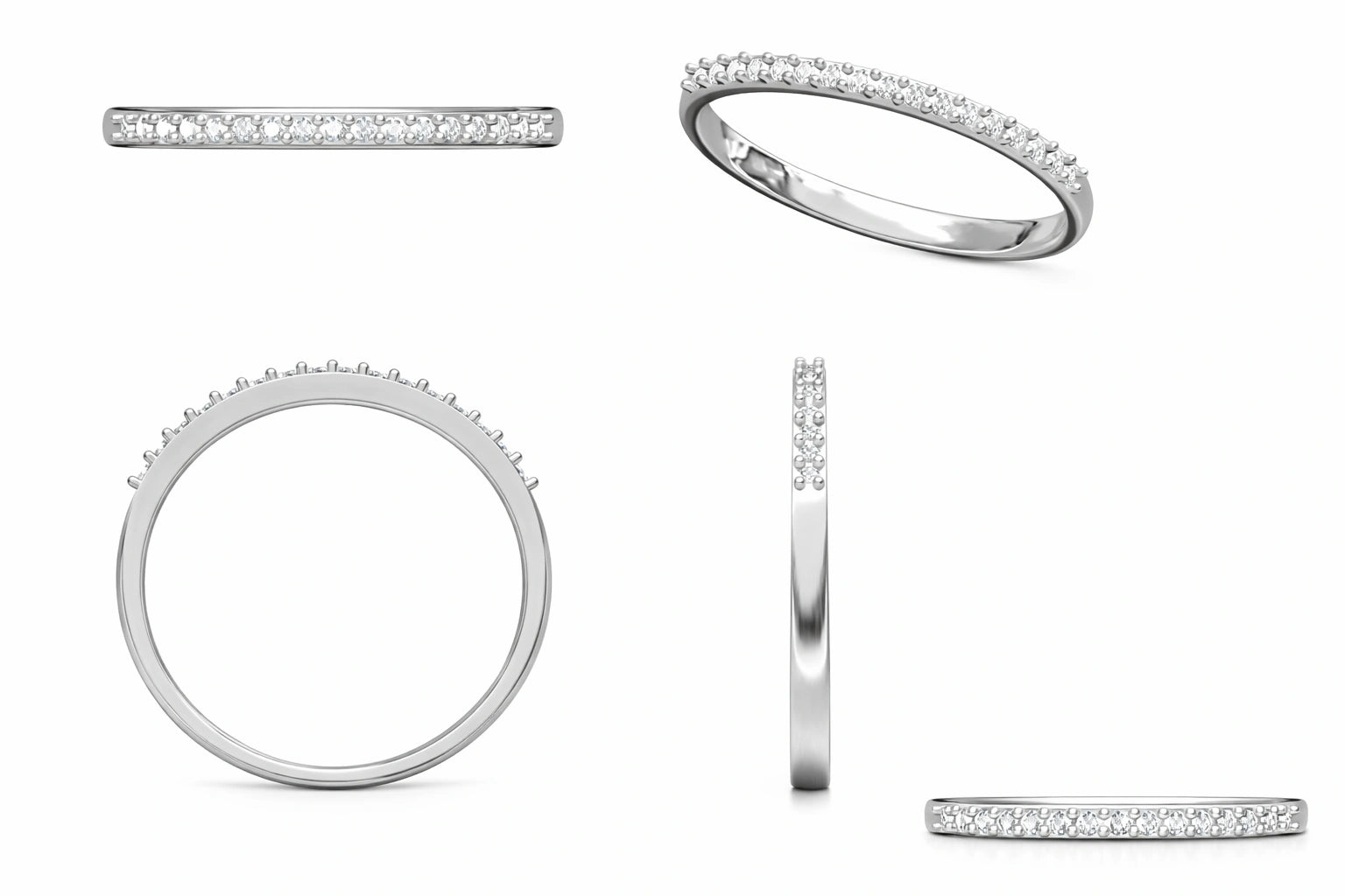 Set of silver rings with diamond accents on a white background