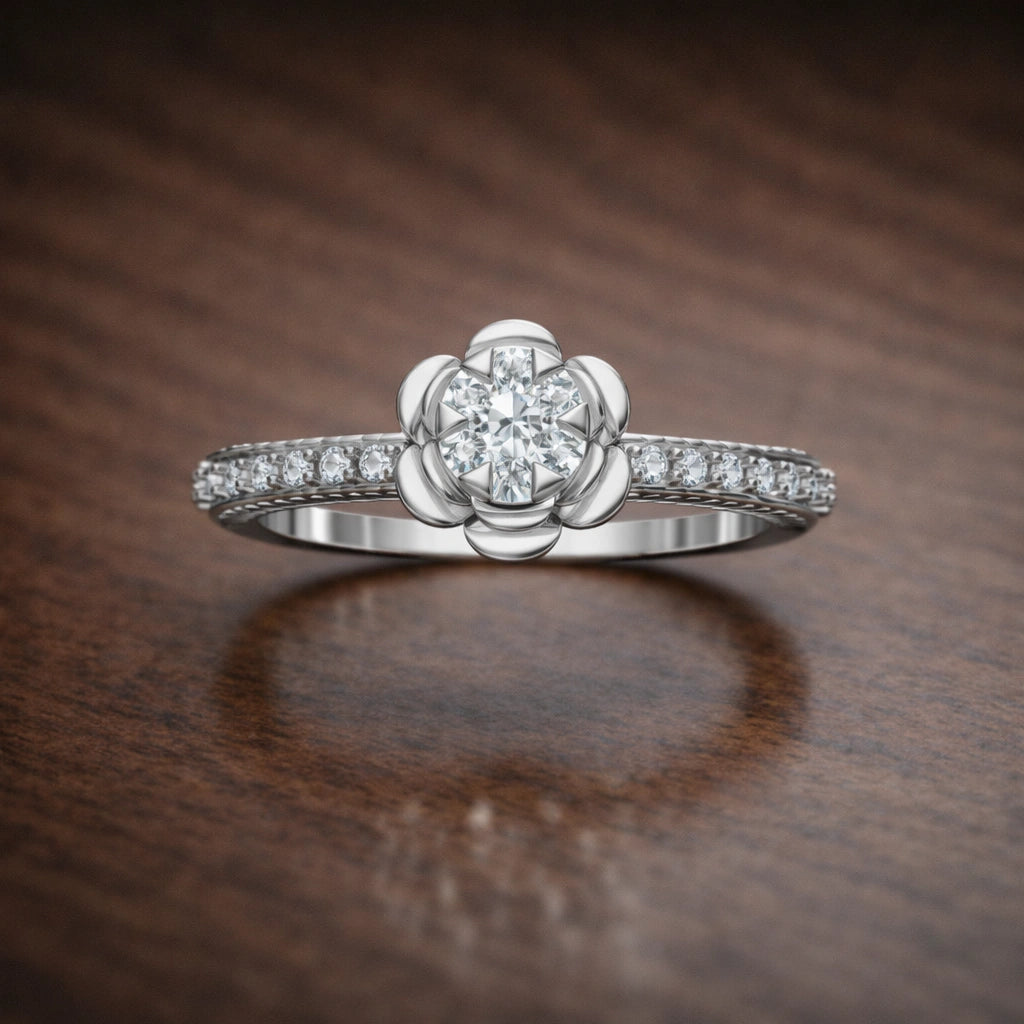 Silver ring with a diamond on a wooden surface