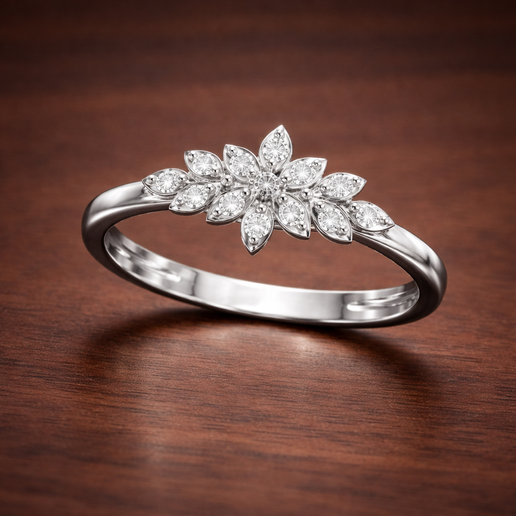 Silver ring with floral diamond design on a wooden surface