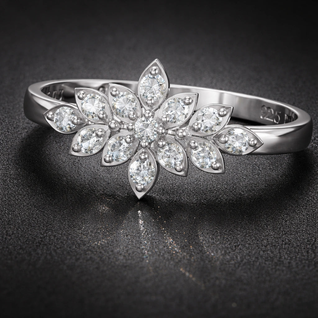 Silver ring with diamond-like stones on a dark textured background