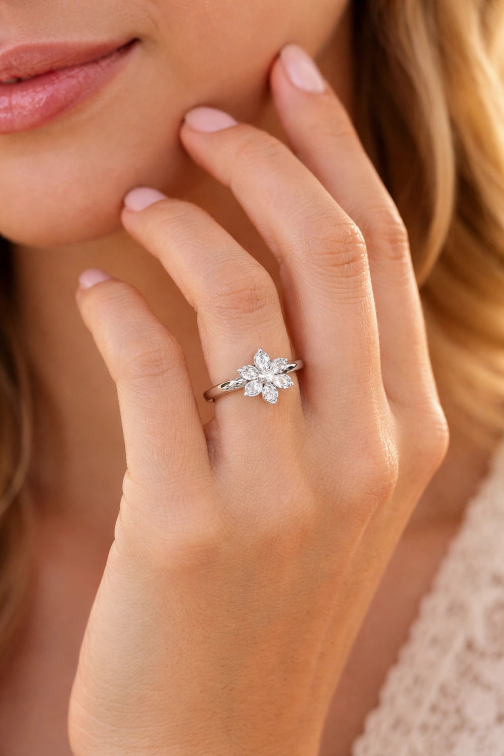 Close-up of a hand wearing a diamond ring with a blurred background